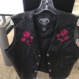 Diamond Supply Co. Black Leather Vest with Pink Rose Embroidery